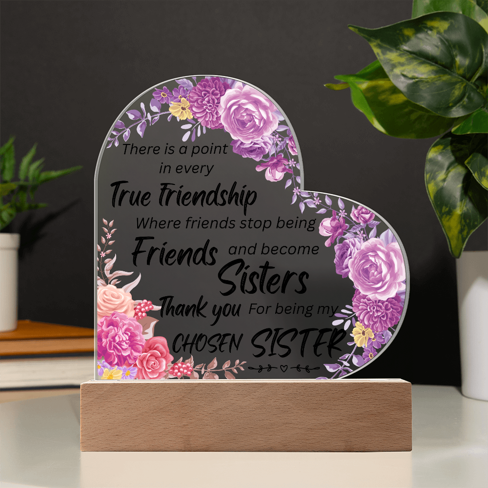 Personalized Sisters Heart LED Acrylic Plaque – “Chosen Sister” Friendship Light Gift