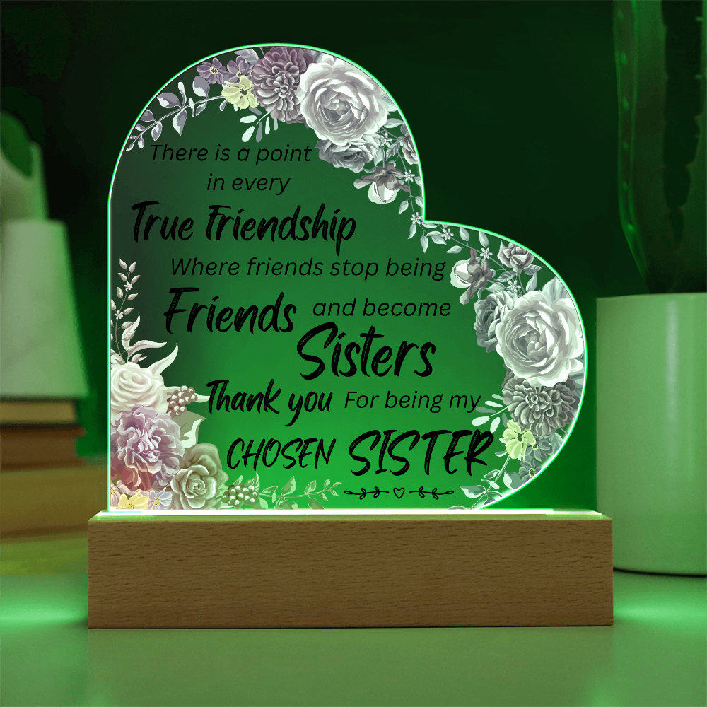 Personalized Sisters Heart LED Acrylic Plaque – “Chosen Sister” Friendship Light Gift