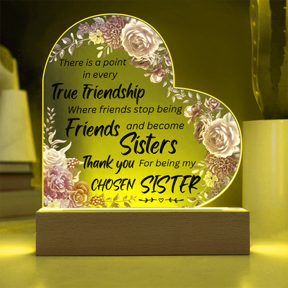 Personalized Sisters Heart LED Acrylic Plaque – “Chosen Sister” Friendship Light Gift