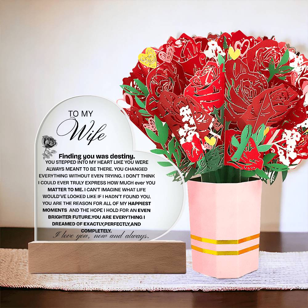 LED Heart Acrylic Plaque with Faux Flowers – Anniversary & Birthday Gift for Wife