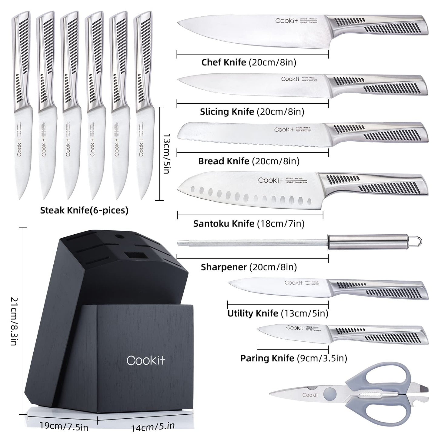 15-Piece German Stainless Steel Kitchen Knife Set with Block, Scissors & Sharpener