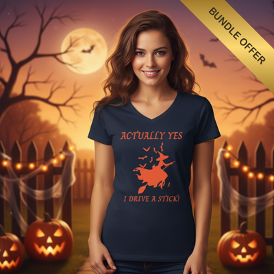 Actually Yes, I Drive a Stick Halloween Witch V-Neck Tee – Women’s Cotton T-Shirt