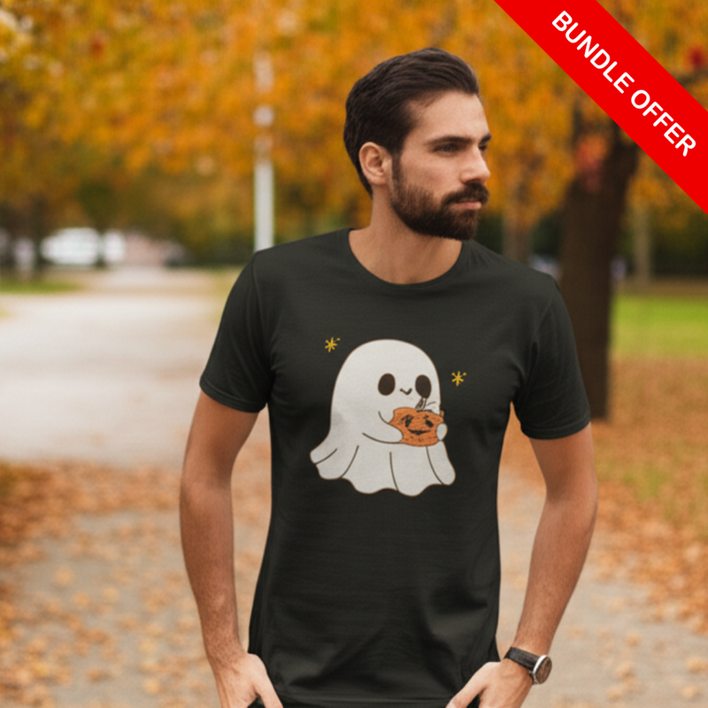 Cute Ghost Pumpkin Heavyweight Unisex Halloween T-Shirt