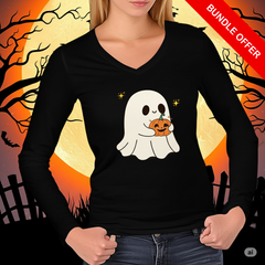 “Ghost Pumpkin Ladies’ Performance V-Neck | Lightweight Halloween Tee”