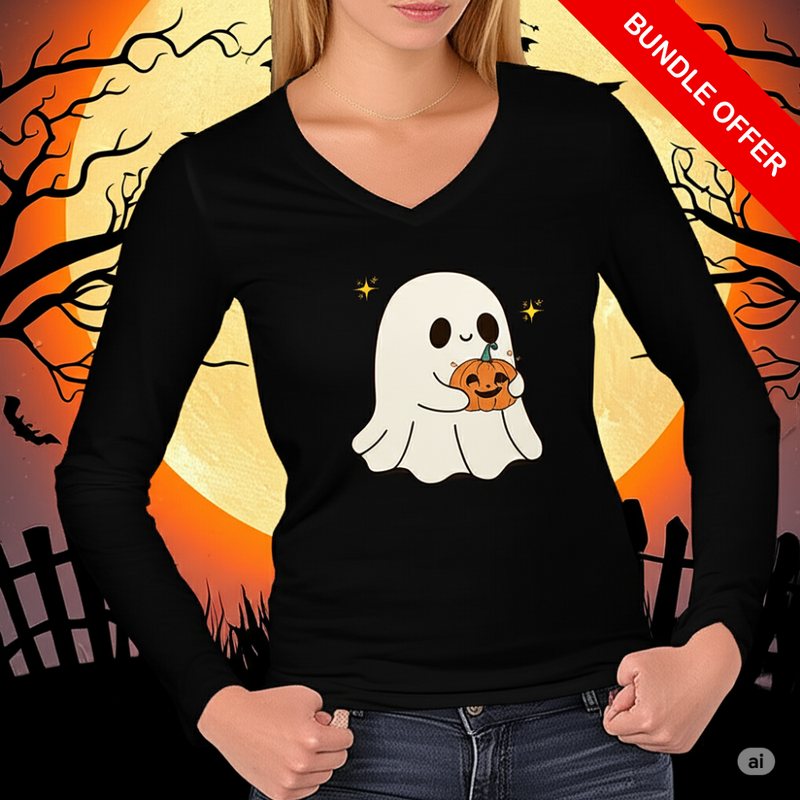 “Ghost Pumpkin Ladies’ Performance V-Neck | Lightweight Halloween Tee”