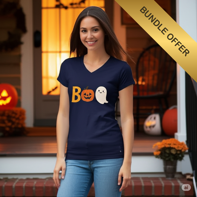 BOO-tiful V-Neck Tee – Cute Ghost & Pumpkin Halloween Shirt