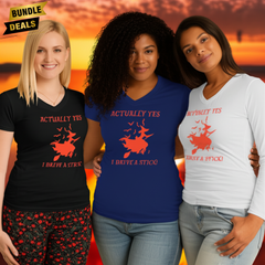"Actually Yes, I Drive a Stick" – Funny Halloween Witch Shirt for Women