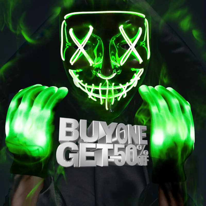 Max Fun Halloween Mask Glowing Gloves for Halloween Costume Cosplay Party Led Light Up Scary Masks for Halloween Party (Green)