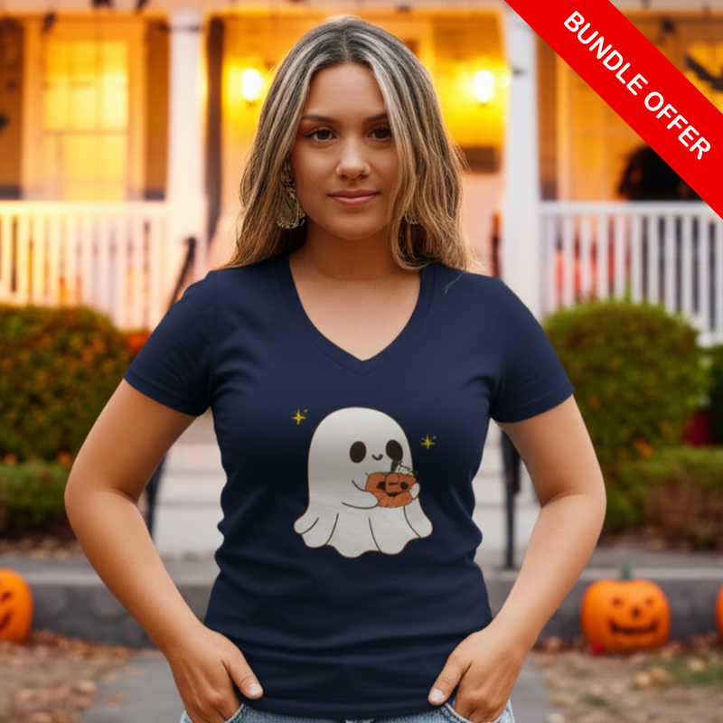 “Cute Ghost Pumpkin Ladies’ V-Neck Tee | Halloween Graphic Shirt”