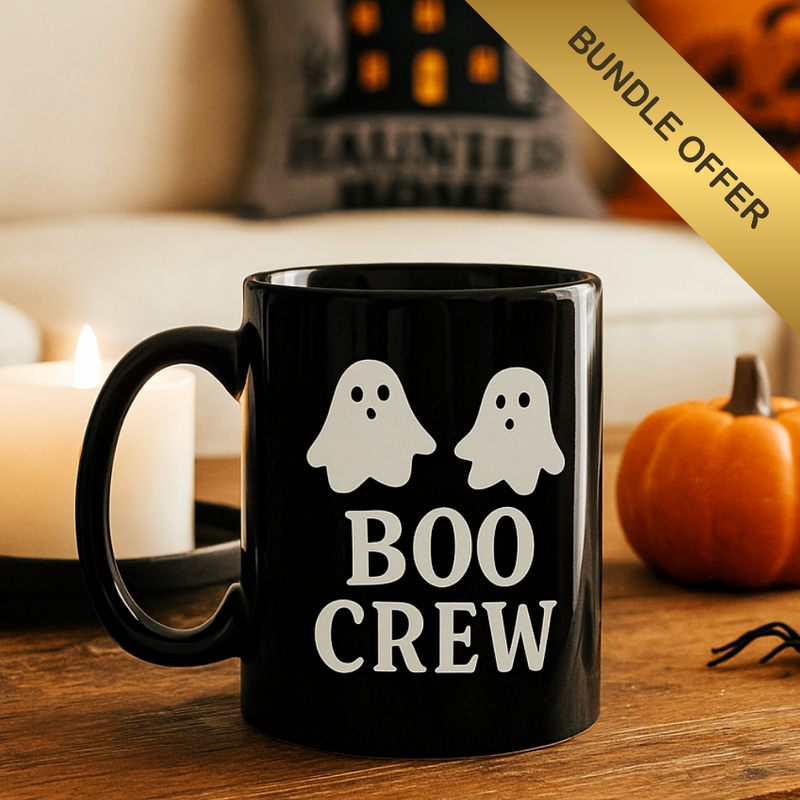 “Boo Crew Black 11 oz Mug | Halloween Drinkware”