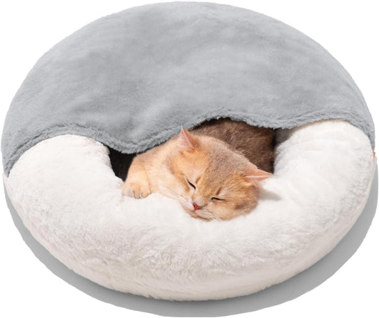 MEWOOFUN Enclosed Cat Bed Cave - Washable Pet Bed With Blanket & Non-Slip Base For Cats & Small Dogs 22'' X 22'', White