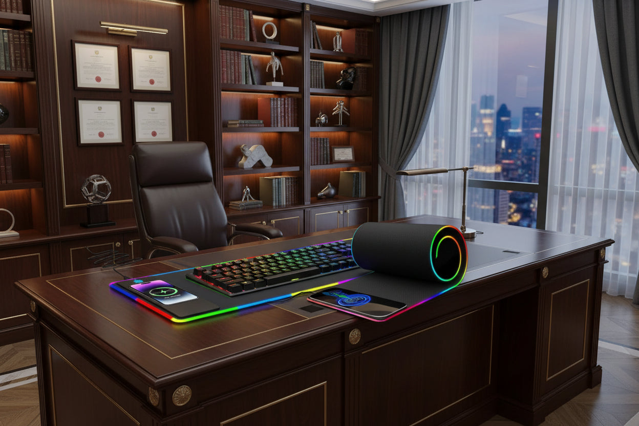 RGB Illuminated Wireless Charging Desk Mat - Non-Slip 12x35.5 Inch