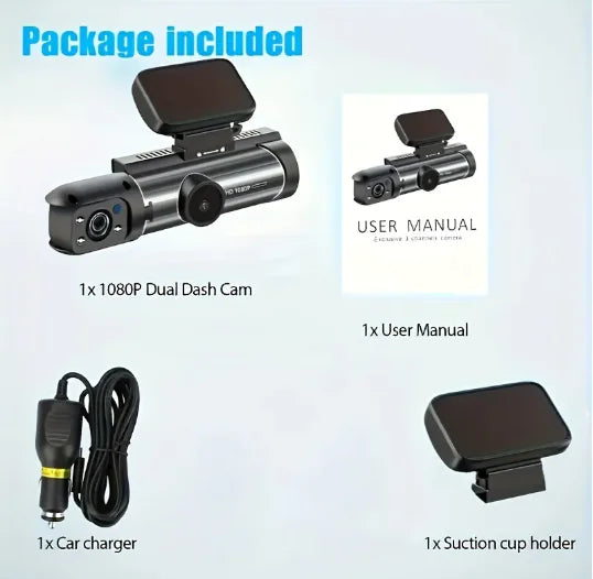 360° Dual Camera Dash Cam – 1080p HD Front & Inside Recording with Night Vision