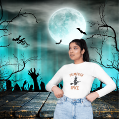 “Halloween Witch Long Sleeve Tee | Cozy Pumpkin Spice Fall Fashion”