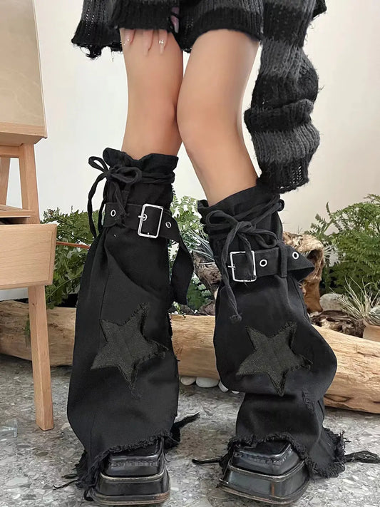 Star Stitch Tie-Neck Denim Flare Leg Warmers