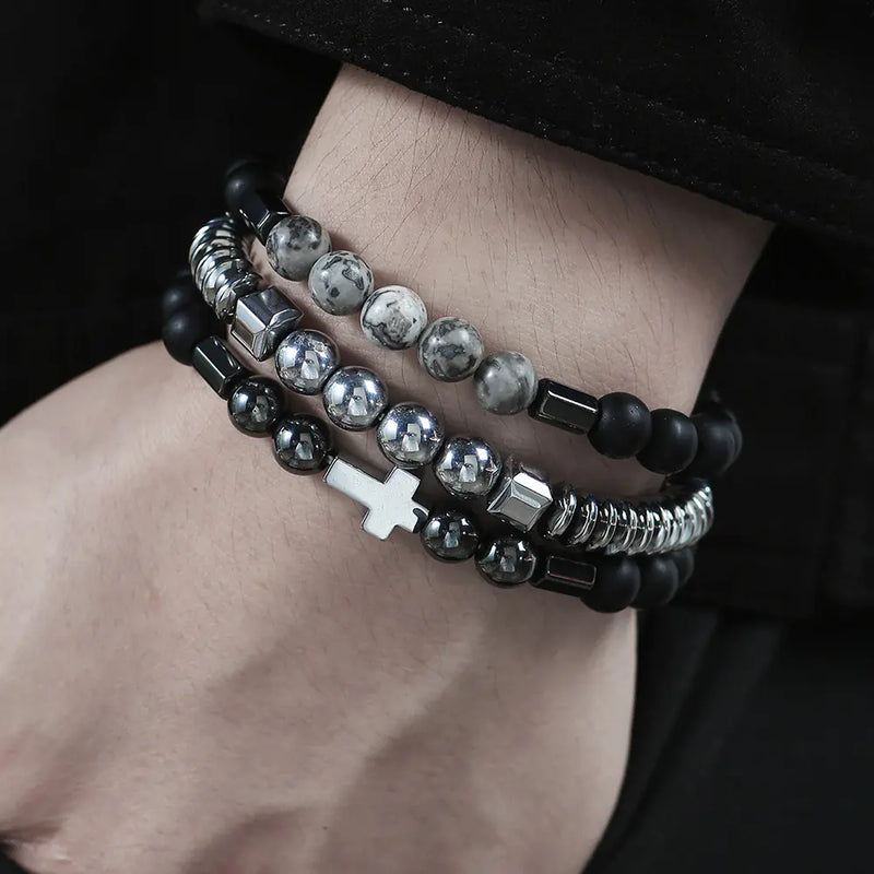 Gentlemen's Hematite Cross Bead Set