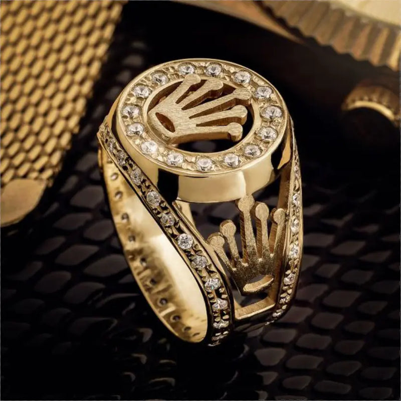 Rose Gold Crown Ring with Diamond Inlay Luxury Design